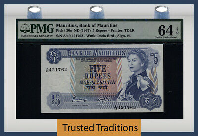 Tt Pk 30c 1967 Mauritius 5 Rupees Queen Elizabeth Ii Pmg 64 Epq Choice Unc.